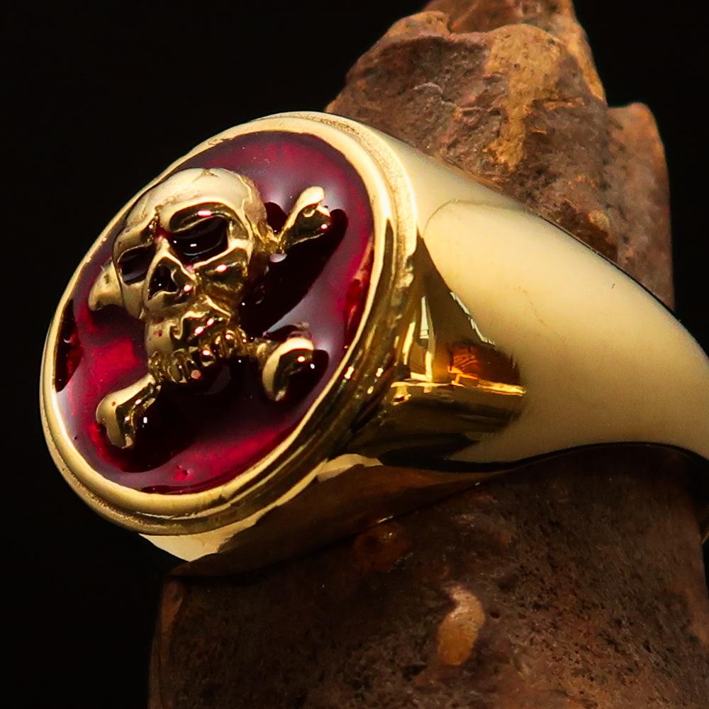 Men's Pirate Ring featuring Jolly Roger design with crossed bones and red enamel, crafted from high polished solid brass.