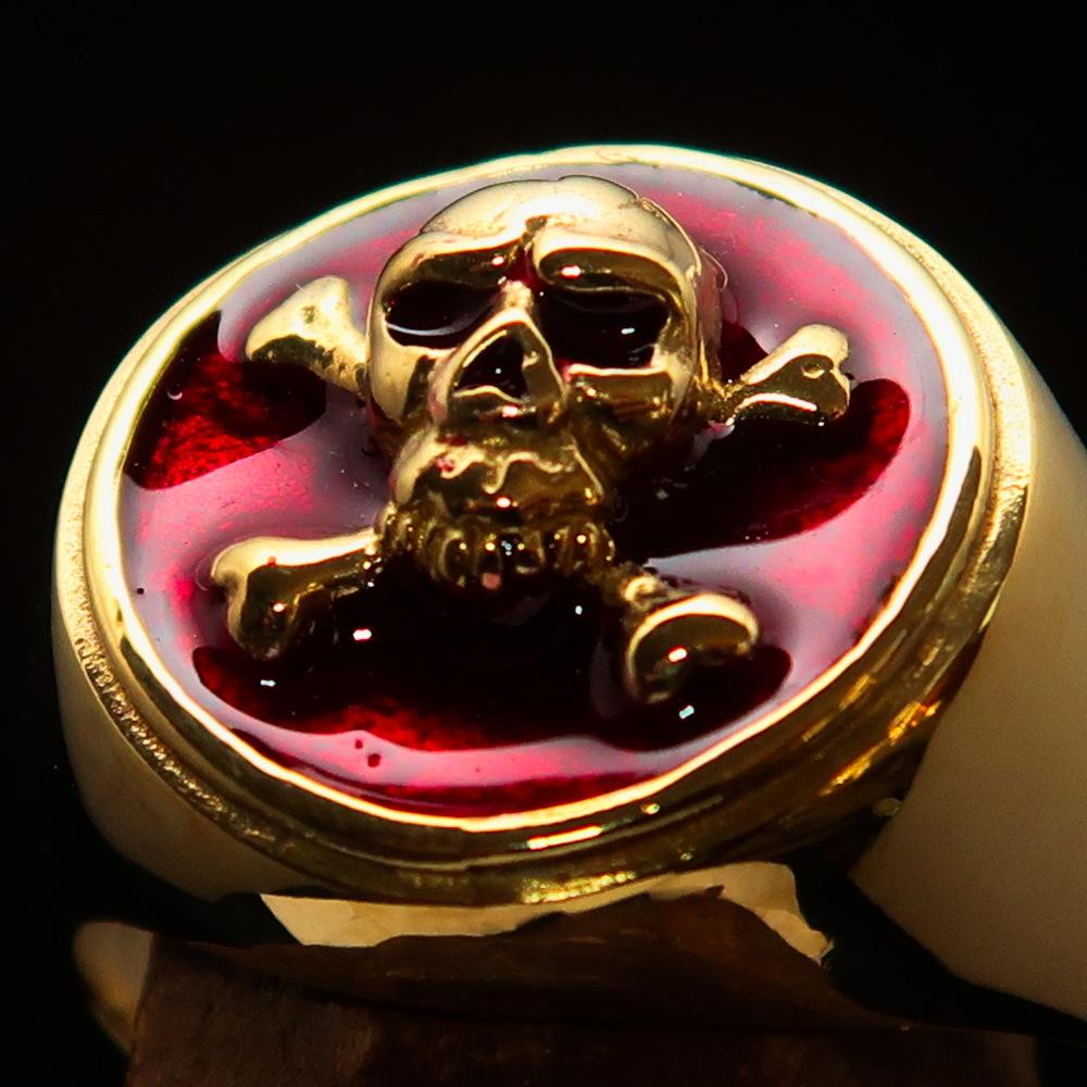 Men's Pirate Ring featuring Jolly Roger design with crossed bones and red enamel, crafted from high polished solid brass.