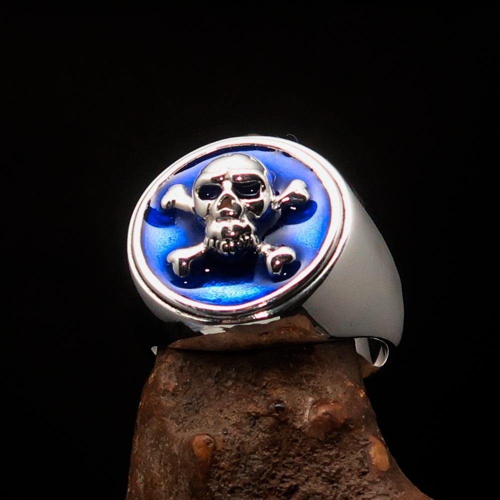 Men's Pirate Ring featuring Jolly Roger design with crossed bones and blue enamel, crafted from solid sterling silver.