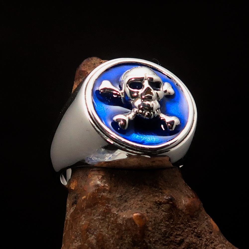 Men's Pirate Ring featuring Jolly Roger design with crossed bones and blue enamel, crafted from solid sterling silver.