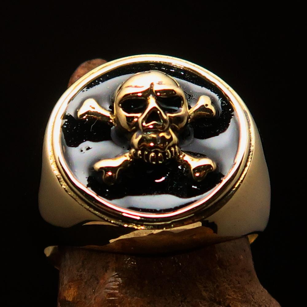 Men's Pirate Ring featuring Jolly Roger design with crossed bones and skull, crafted from solid brass with high polished black enamel finish.