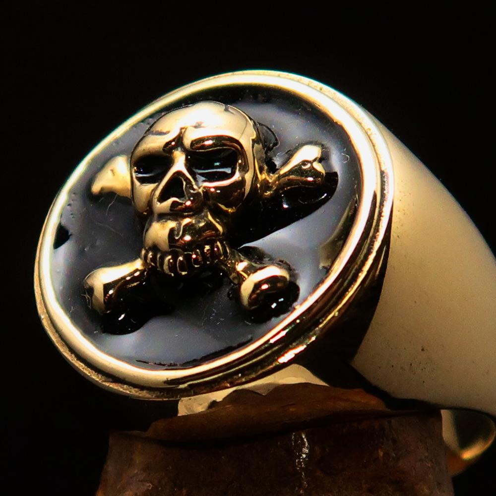 Men's Pirate Ring featuring Jolly Roger design with crossed bones and skull, crafted from solid brass with high polished black enamel finish.