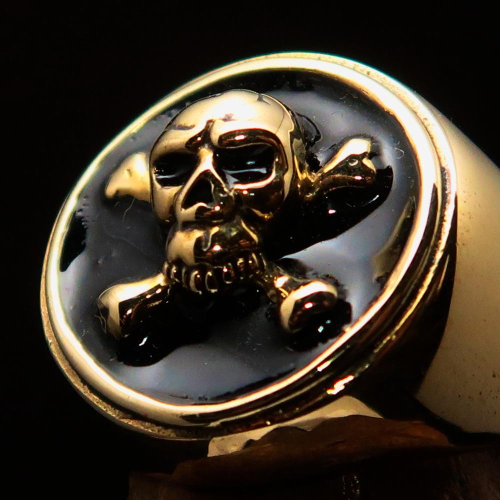 Men's Pirate Ring featuring Jolly Roger design with crossed bones and skull, crafted from solid brass with high polished black enamel finish.