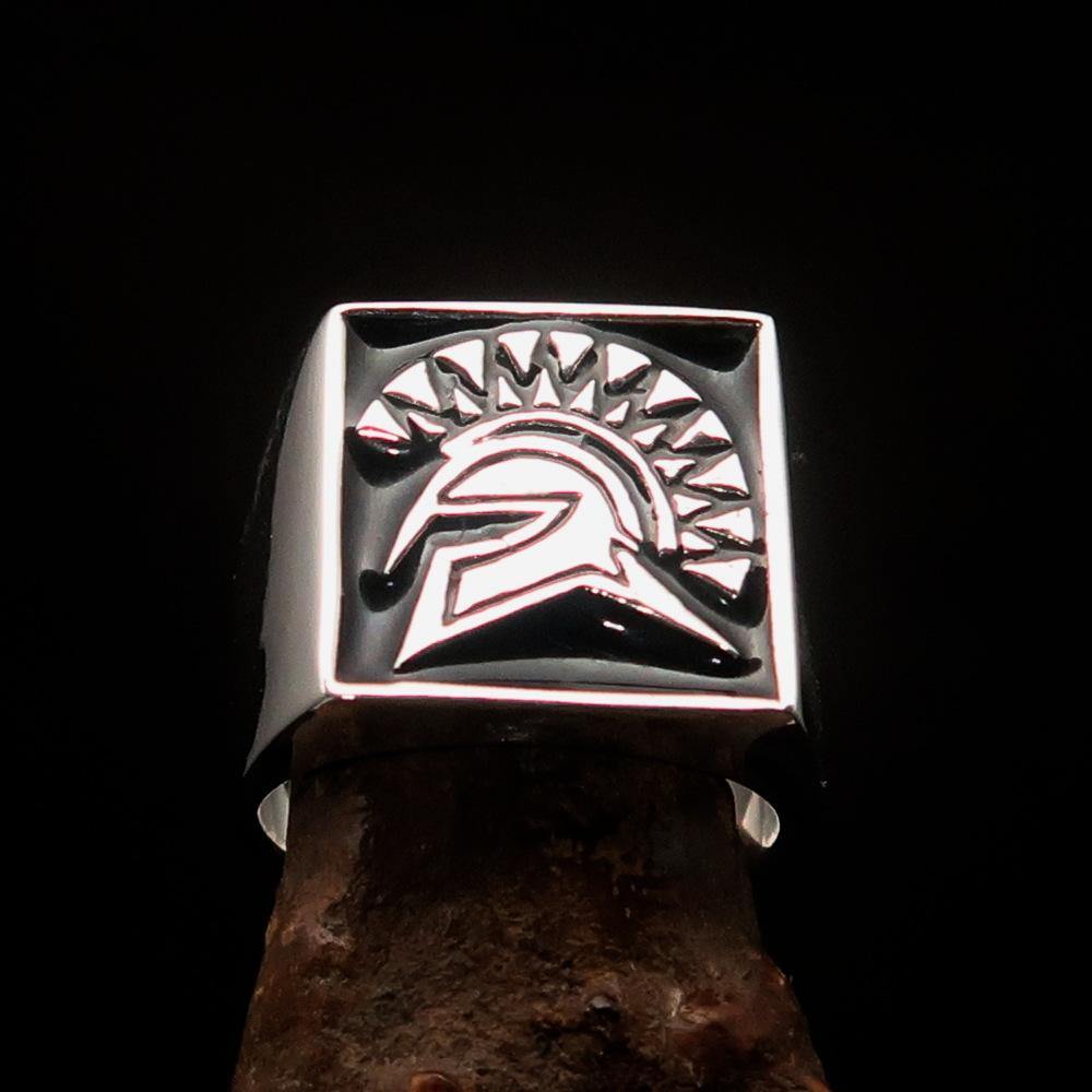 Men's Ring Black Greek Warrior made of sterling silver with high polish and black enamel finish, showcasing a unique design.