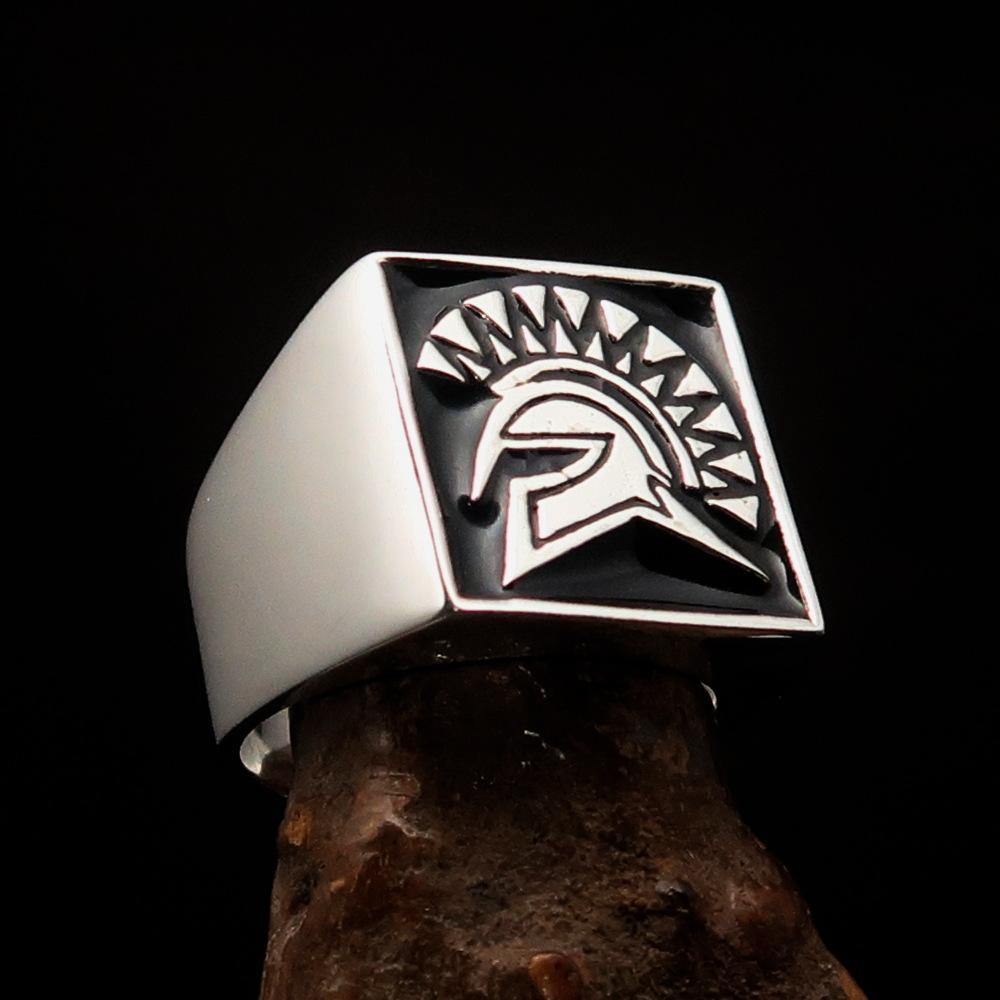 Men's Ring Black Greek Warrior made of sterling silver with high polish and black enamel finish, showcasing a unique design.