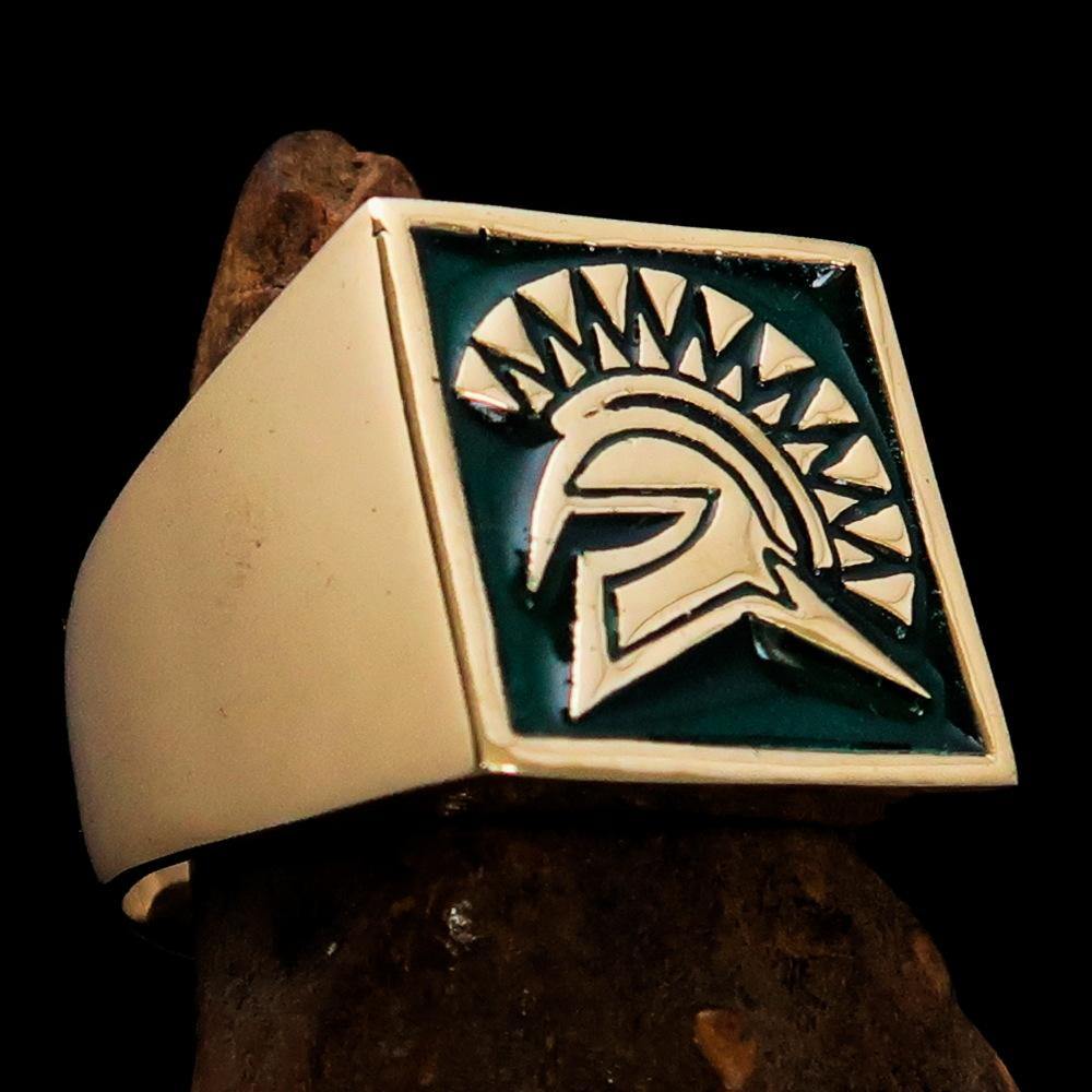 Men's Ring Green Greek Warrior made of solid brass with high polish and green enamel, showcasing intricate design and craftsmanship.