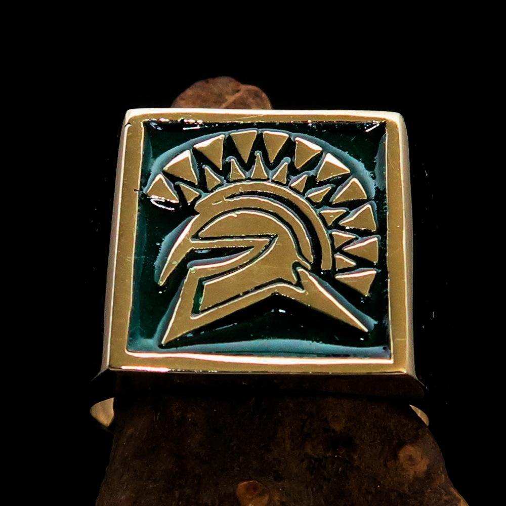 Men's Ring Green Greek Warrior made of solid brass with high polish and green enamel, showcasing intricate design and craftsmanship.