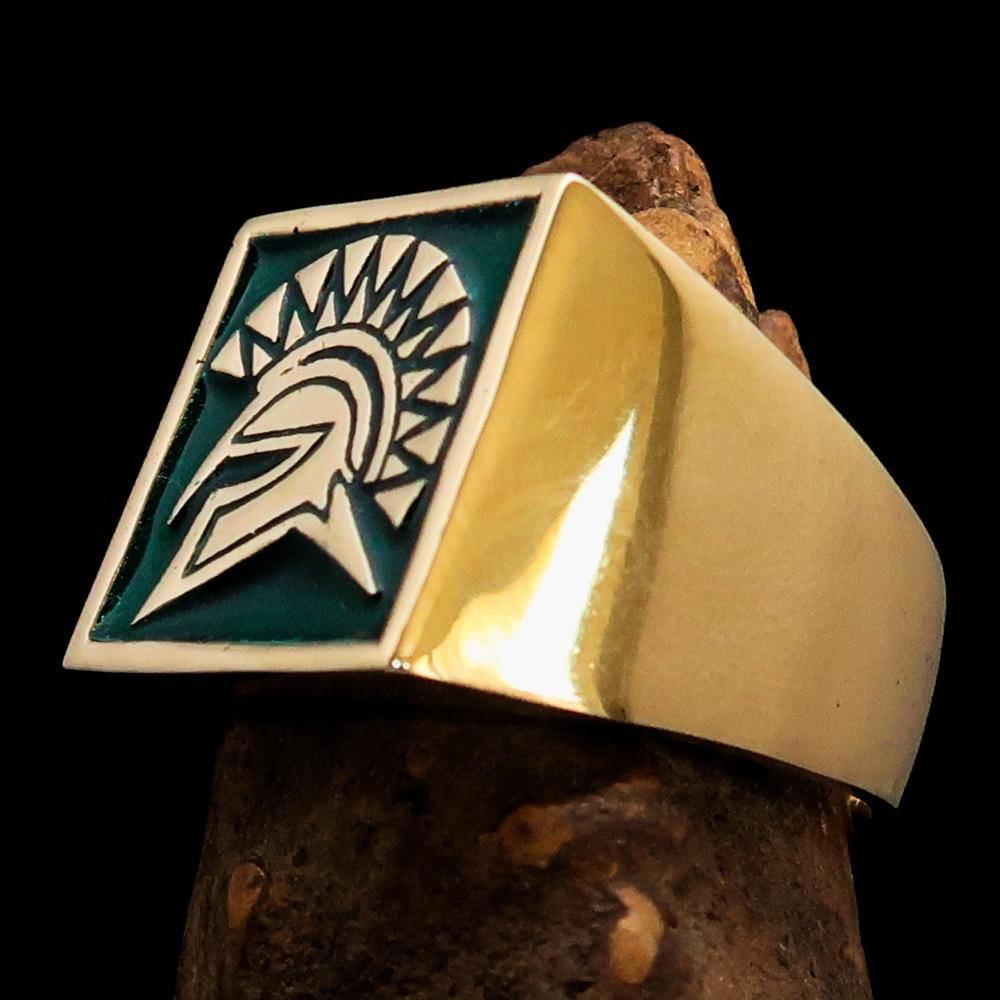 Men's Ring Green Greek Warrior made of solid brass with high polish and green enamel, showcasing intricate design and craftsmanship.