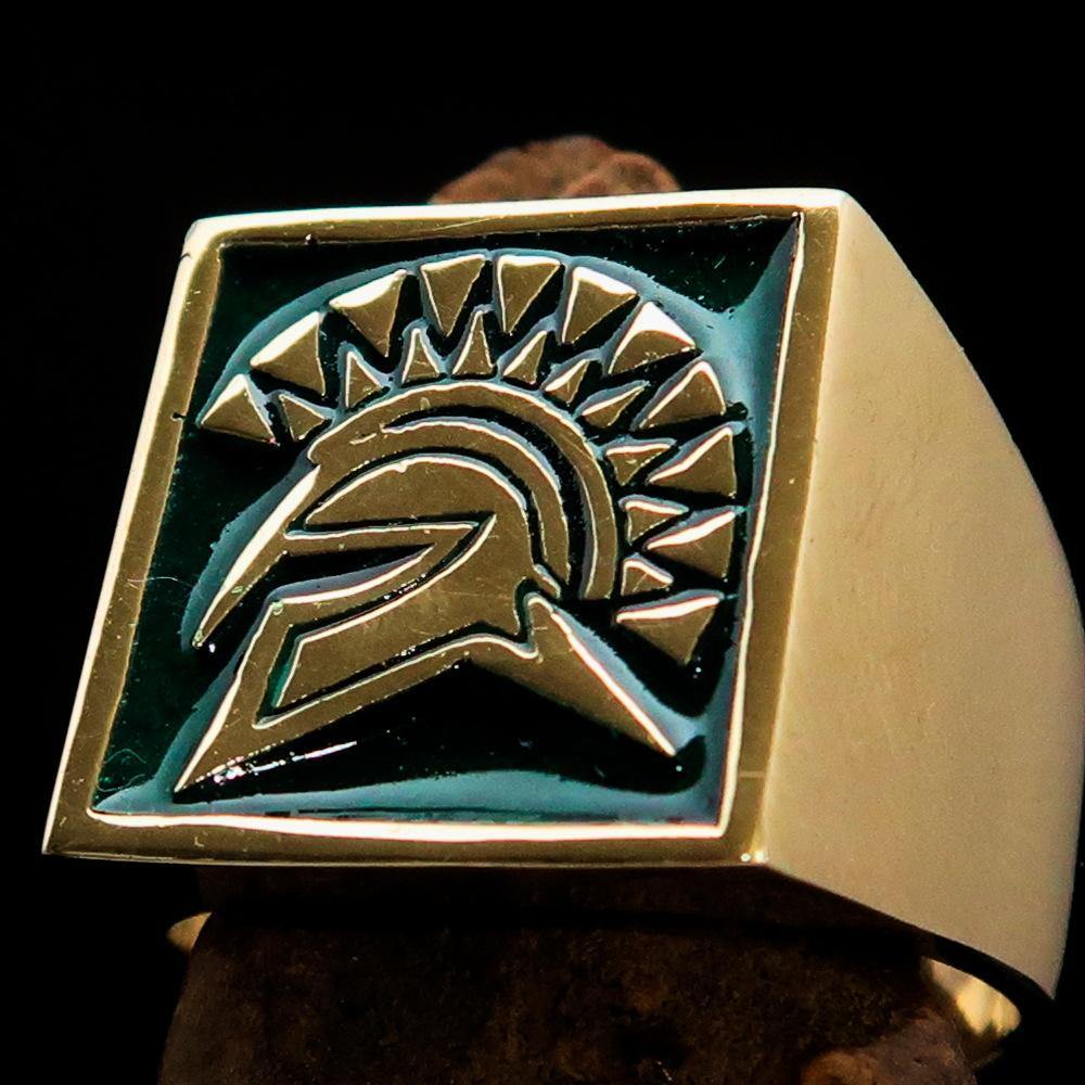 Men's Ring Green Greek Warrior made of solid brass with high polish and green enamel, showcasing intricate design and craftsmanship.