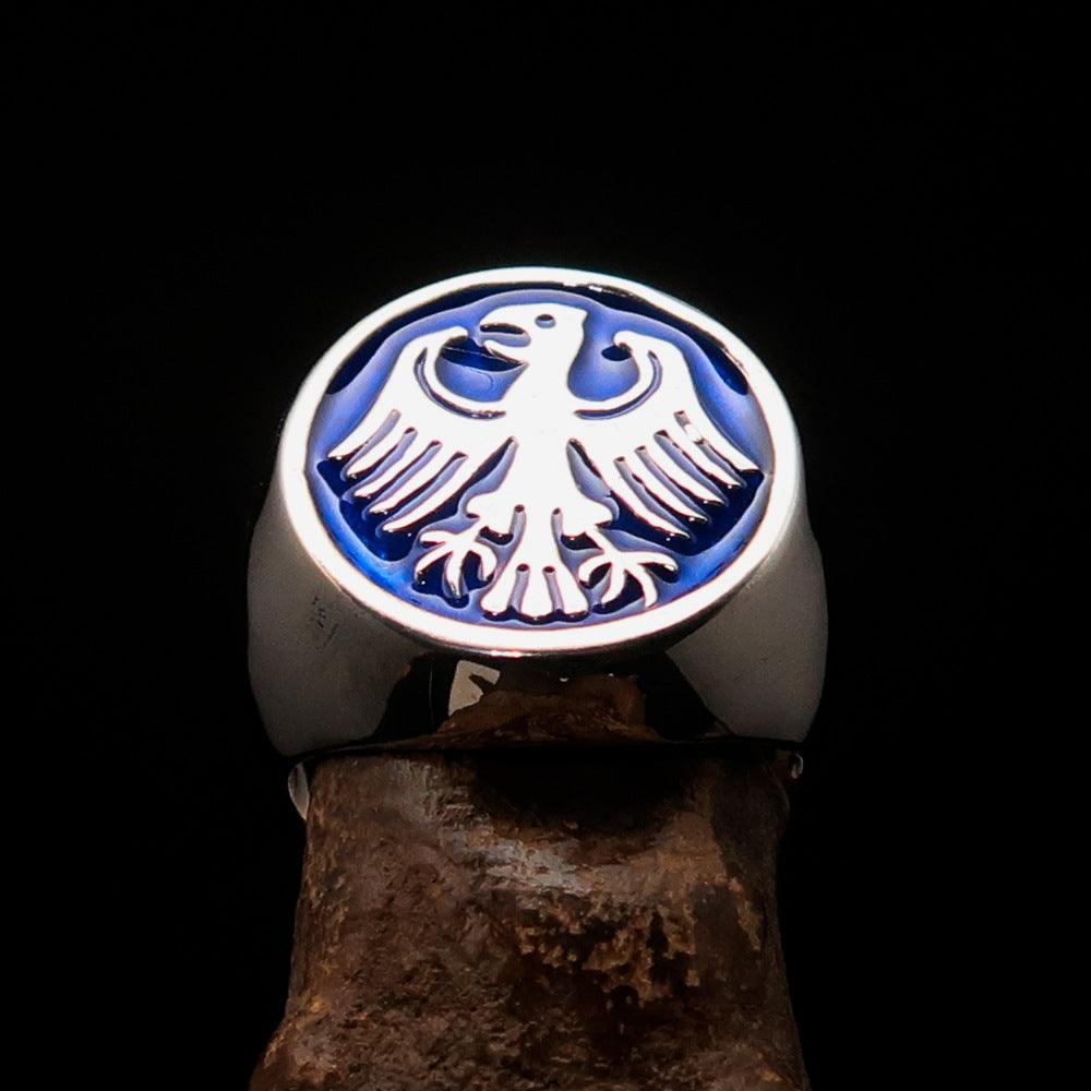 Men's Seal Ring in sterling silver featuring a blue German Eagle design, showcasing intricate craftsmanship and a polished finish.