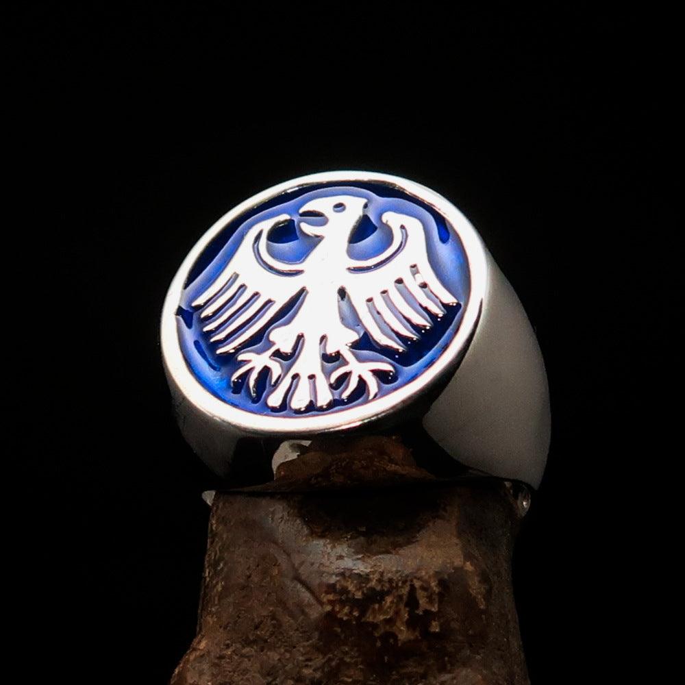 Men's Seal Ring in sterling silver featuring a blue German Eagle design, showcasing intricate craftsmanship and a polished finish.