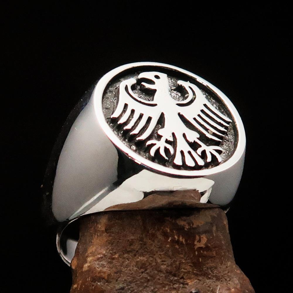 Men's Seal Ring featuring the German Eagle Coat of Arms, crafted from solid antiqued sterling silver, showcasing a bold and elegant design.