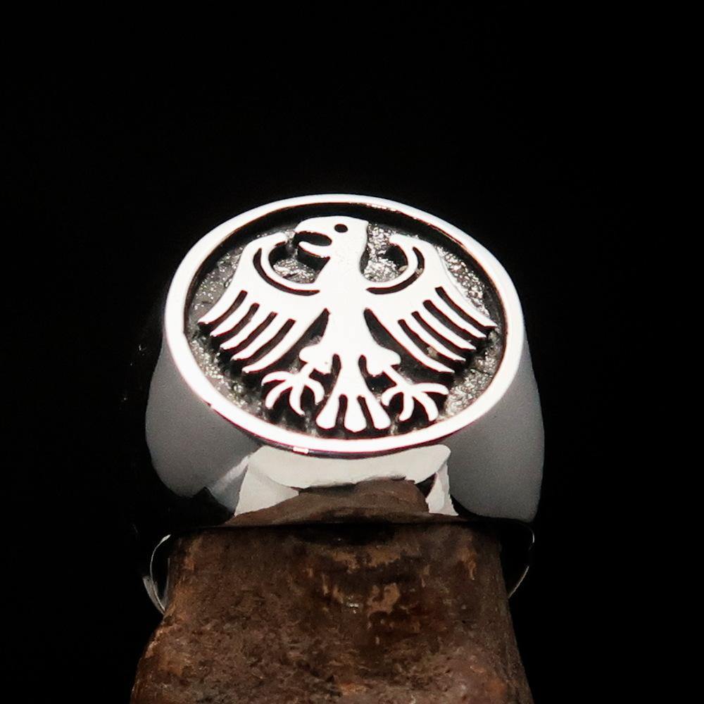 Men's Seal Ring featuring the German Eagle Coat of Arms, crafted from solid antiqued sterling silver, showcasing a bold and elegant design.