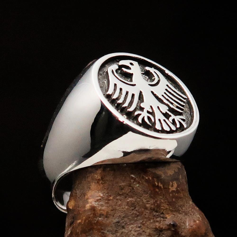 Men's Seal Ring featuring the German Eagle Coat of Arms, crafted from solid antiqued sterling silver, showcasing a bold and elegant design.