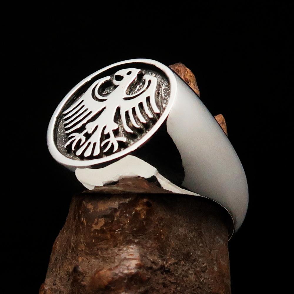 Men's Seal Ring featuring the German Eagle Coat of Arms, crafted from solid antiqued sterling silver, showcasing a bold and elegant design.