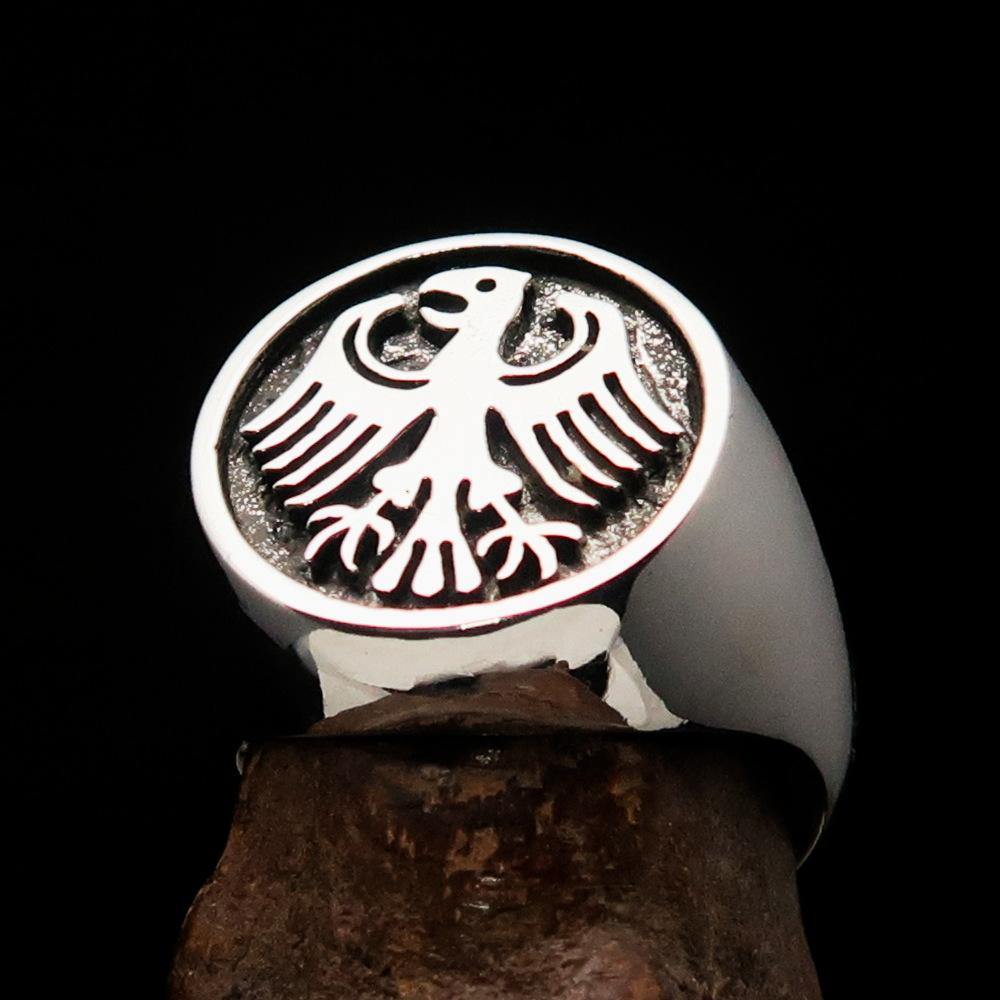 Men's Seal Ring featuring the German Eagle Coat of Arms, crafted from solid antiqued sterling silver, showcasing a bold and elegant design.