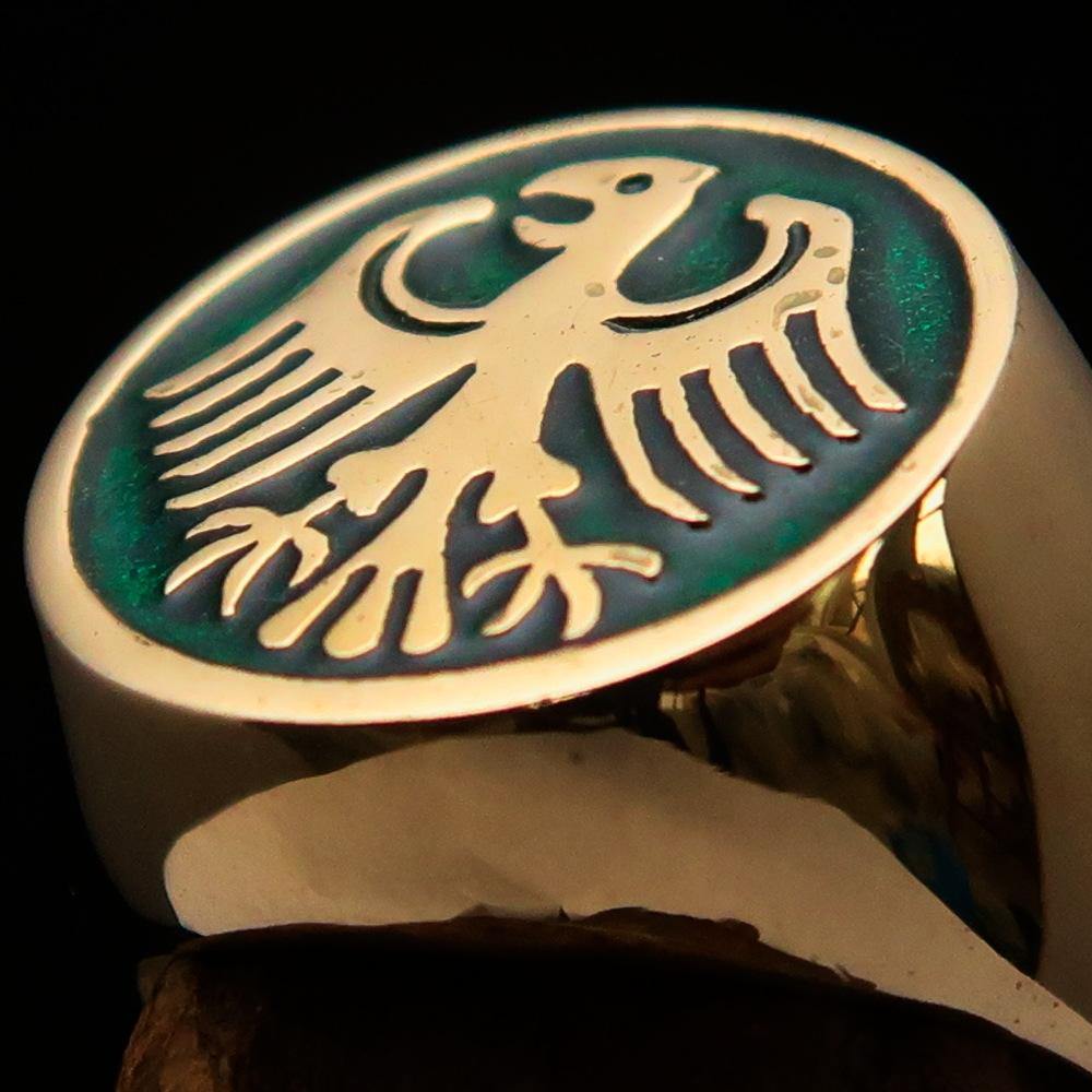 Men's Seal Ring made of solid brass featuring the German Eagle design with green enamel accents, showcasing intricate craftsmanship.