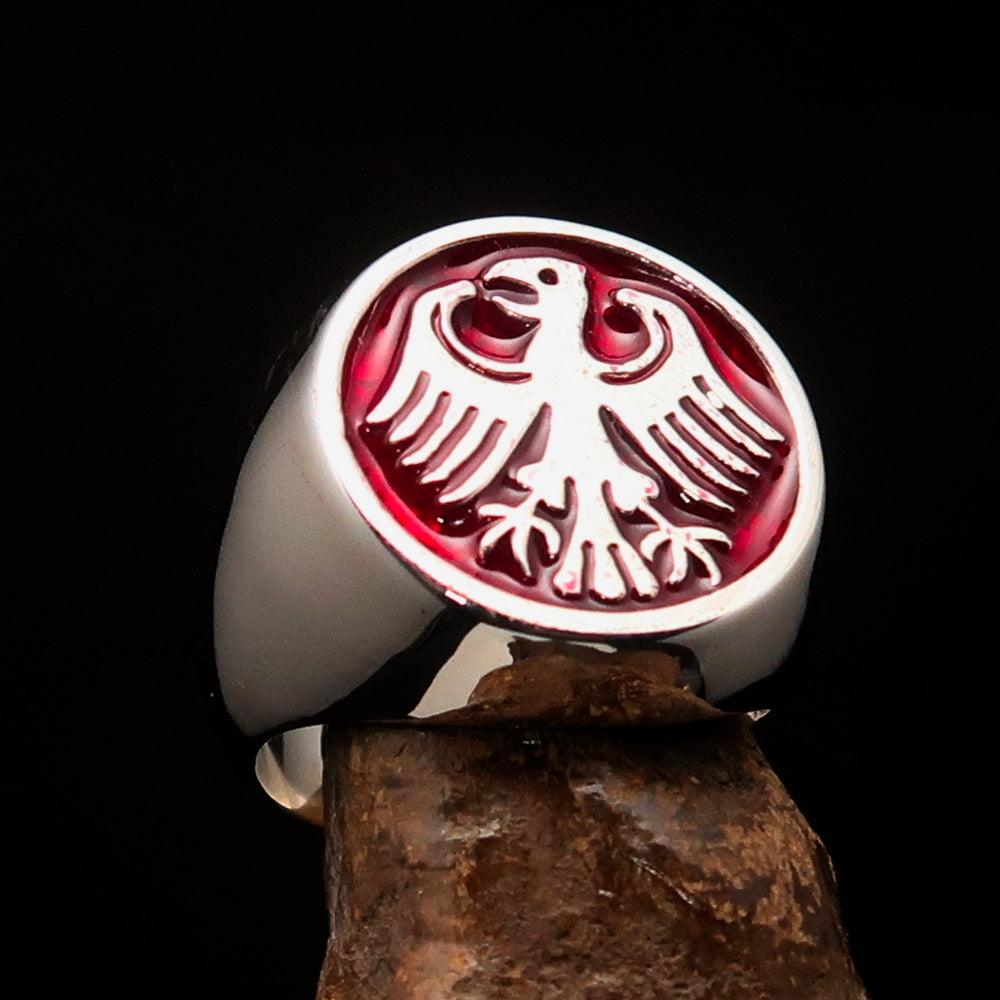 Men's Seal Ring made of Sterling Silver featuring a red German Eagle Coat of Arms, showcasing intricate craftsmanship and high polish finish.