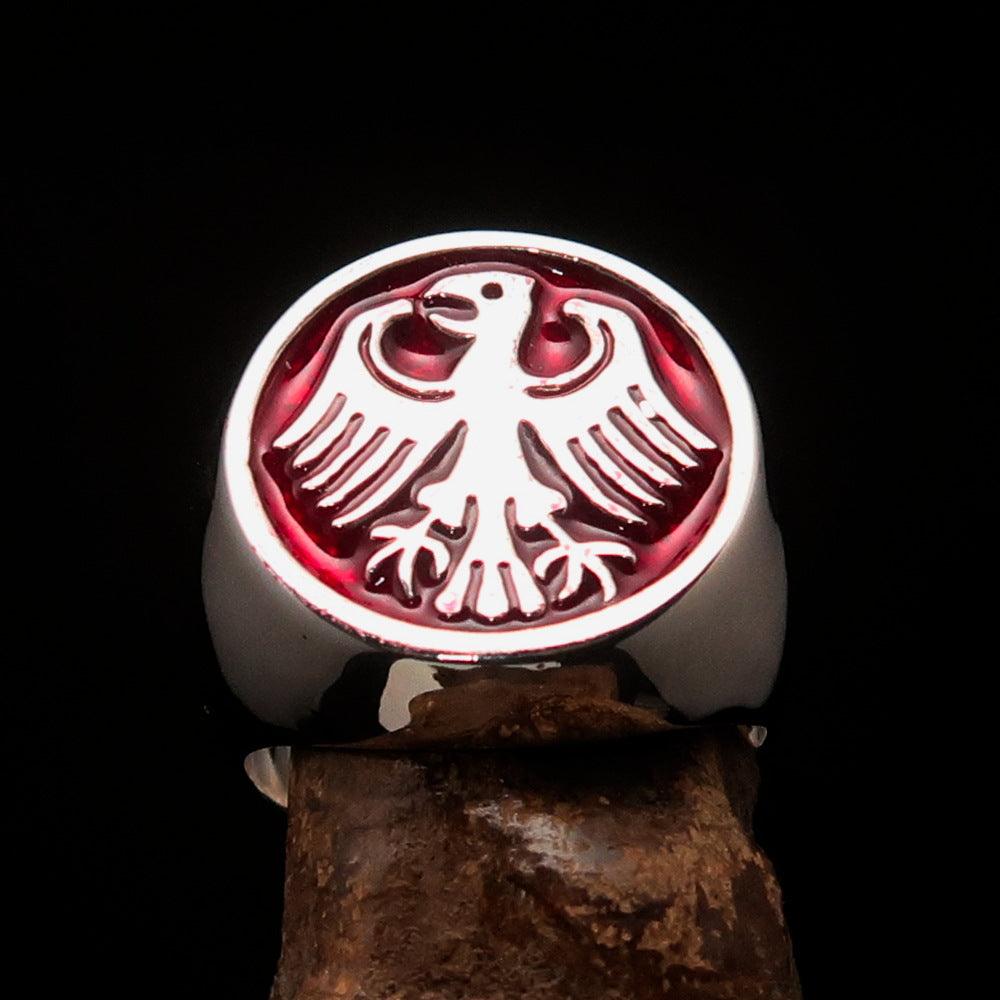 Men's Seal Ring made of Sterling Silver featuring a red German Eagle Coat of Arms, showcasing intricate craftsmanship and high polish finish.