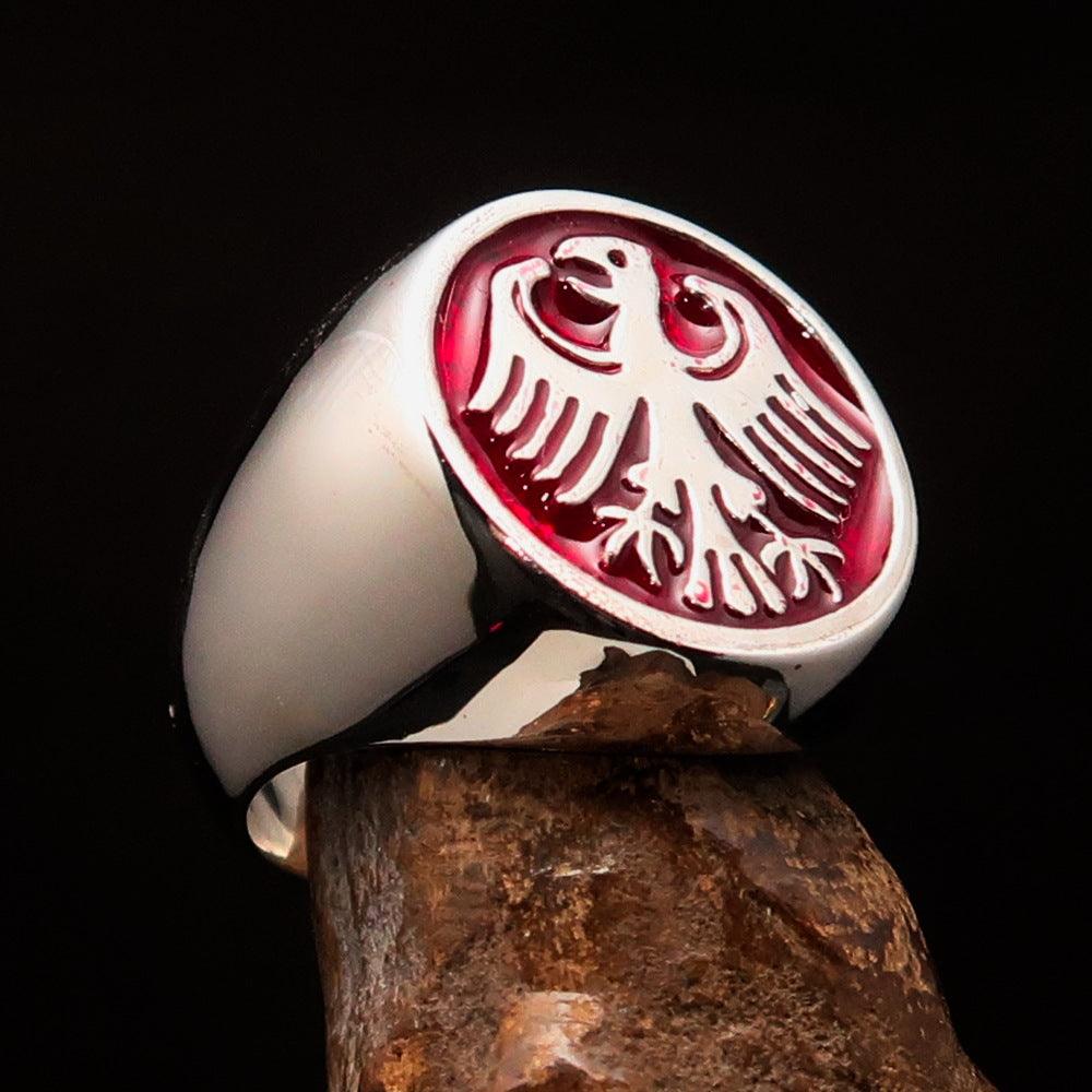 Men's Seal Ring made of Sterling Silver featuring a red German Eagle Coat of Arms, showcasing intricate craftsmanship and high polish finish.