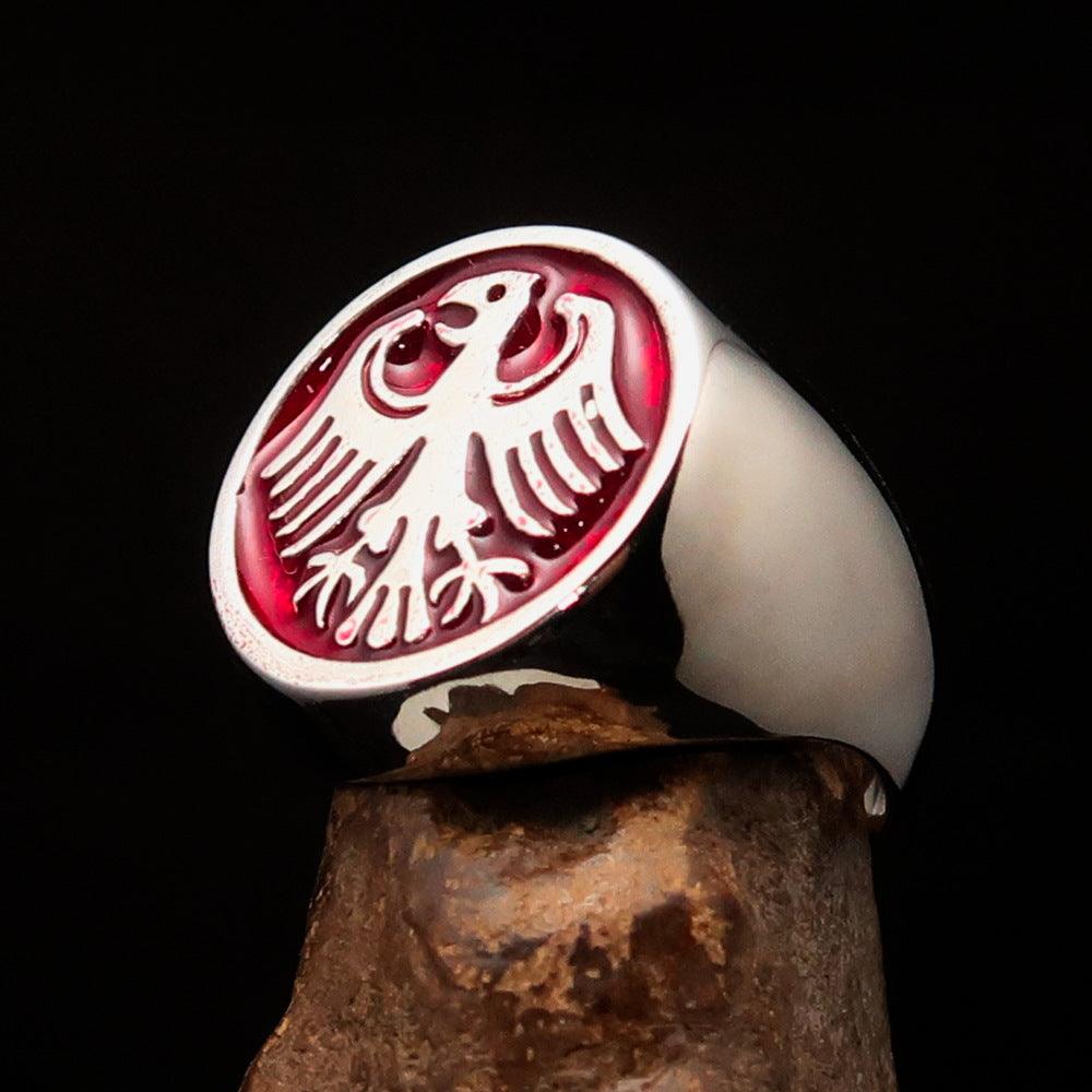 Men's Seal Ring made of Sterling Silver featuring a red German Eagle Coat of Arms, showcasing intricate craftsmanship and high polish finish.