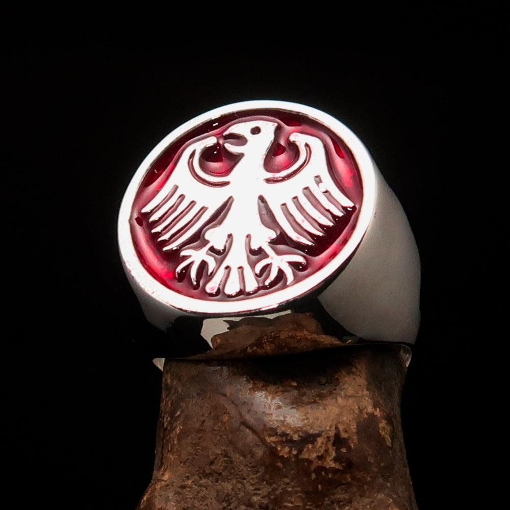 Men's Seal Ring made of Sterling Silver featuring a red German Eagle Coat of Arms, showcasing intricate craftsmanship and high polish finish.