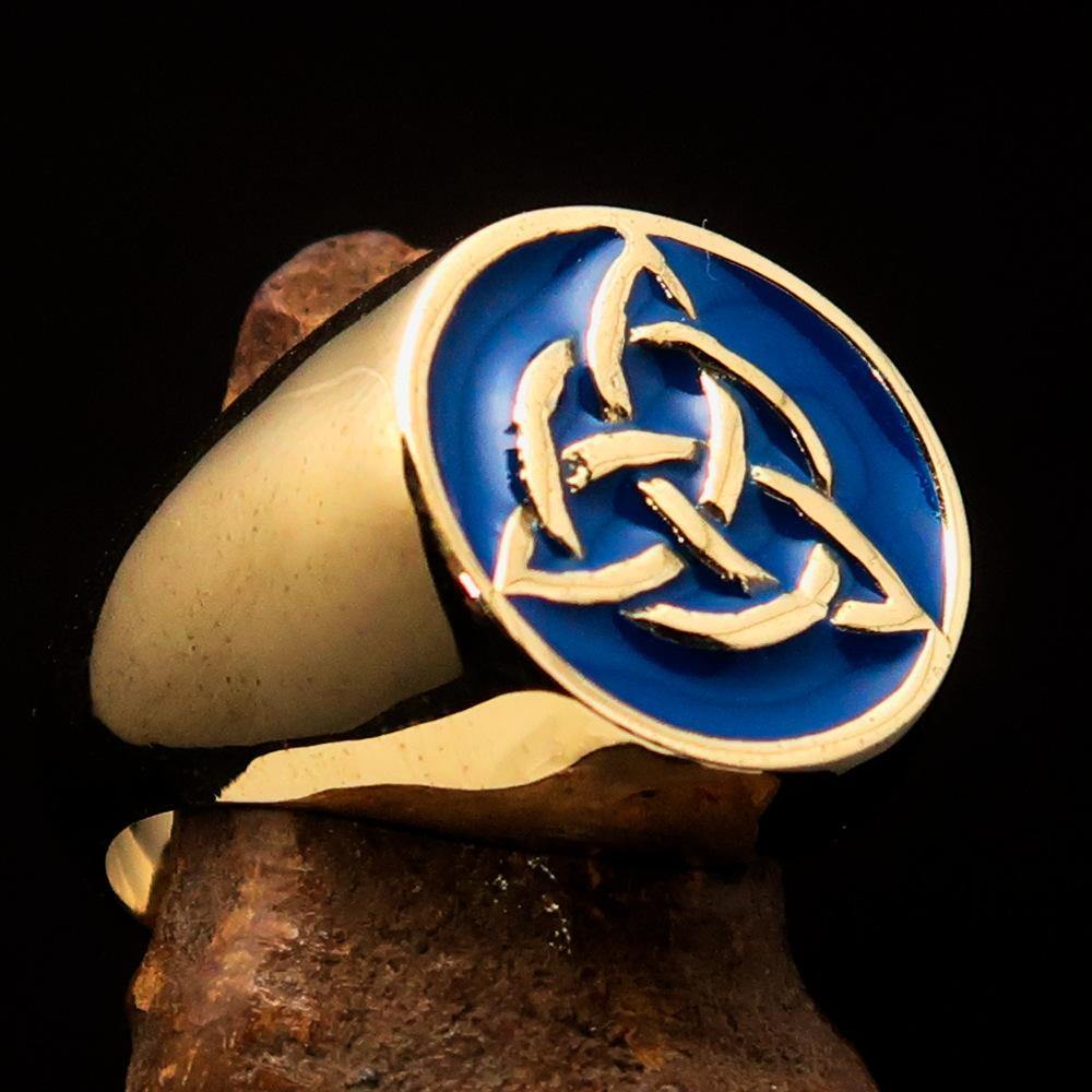 Men's Triquetra Ring featuring a Celtic Triskelion Knot design in blue enamel, crafted from solid brass with a high polish finish.