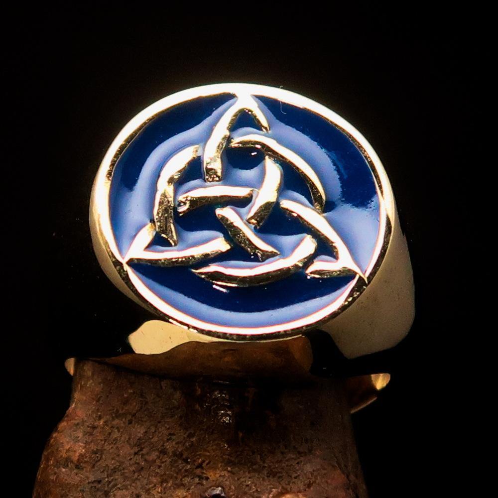 Men's Triquetra Ring featuring a Celtic Triskelion Knot design in blue enamel, crafted from solid brass with a high polish finish.