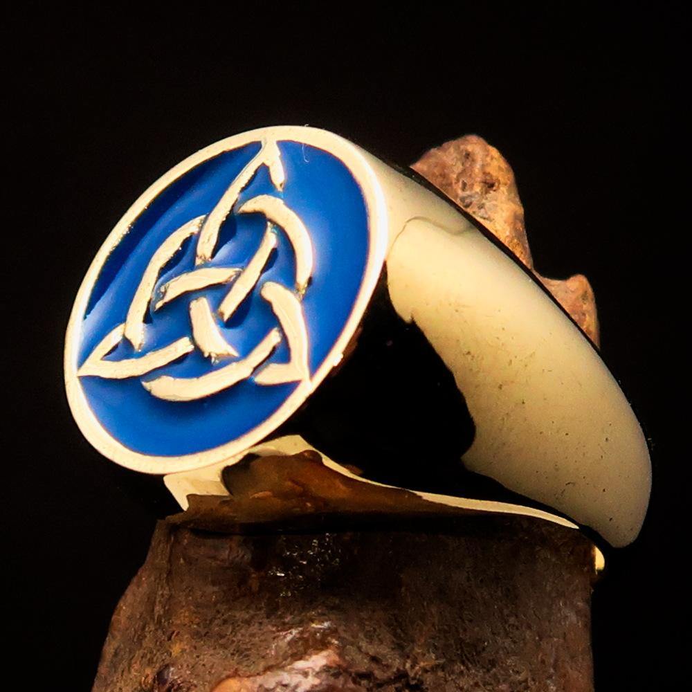 Men's Triquetra Ring featuring a Celtic Triskelion Knot design in blue enamel, crafted from solid brass with a high polish finish.