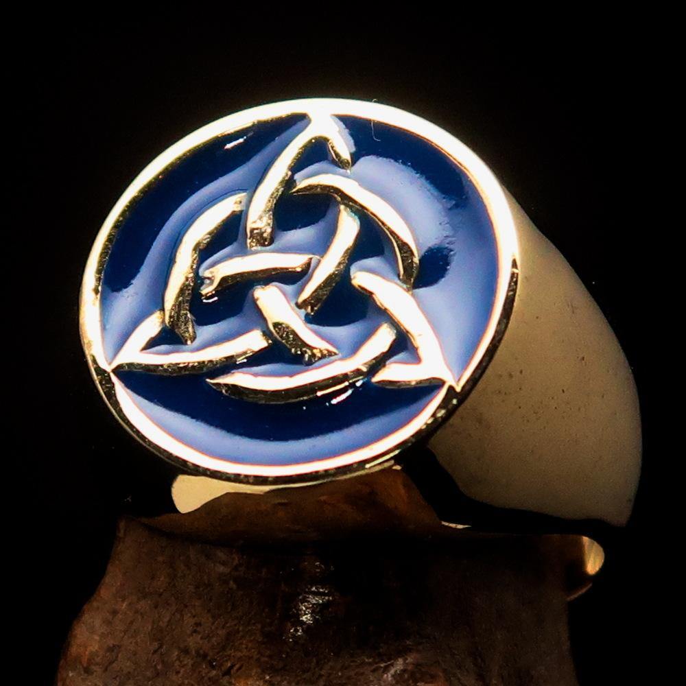 Men's Triquetra Ring featuring a Celtic Triskelion Knot design in blue enamel, crafted from solid brass with a high polish finish.