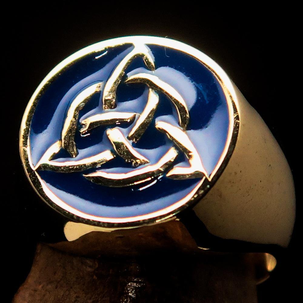 Men's Triquetra Ring featuring a Celtic Triskelion Knot design in blue enamel, crafted from solid brass with a high polish finish.