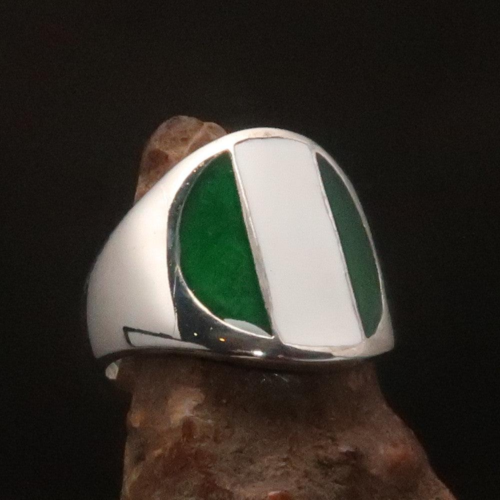 A beautifully crafted Nigerian Flag Ring made of solid sterling silver, showcasing the vibrant colors of the Nigerian flag with a high polish finish.