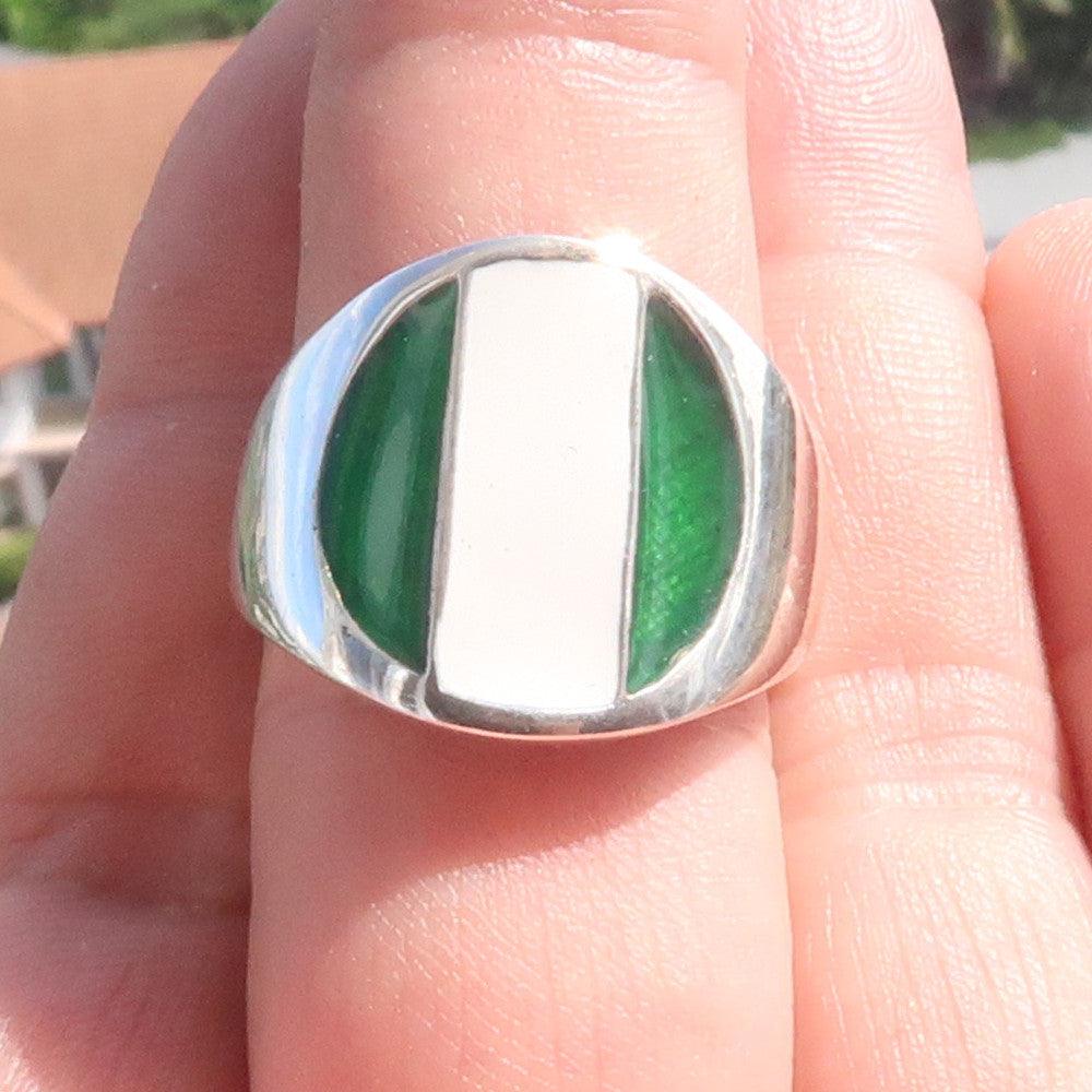 A beautifully crafted Nigerian Flag Ring made of solid sterling silver, showcasing the vibrant colors of the Nigerian flag with a high polish finish.