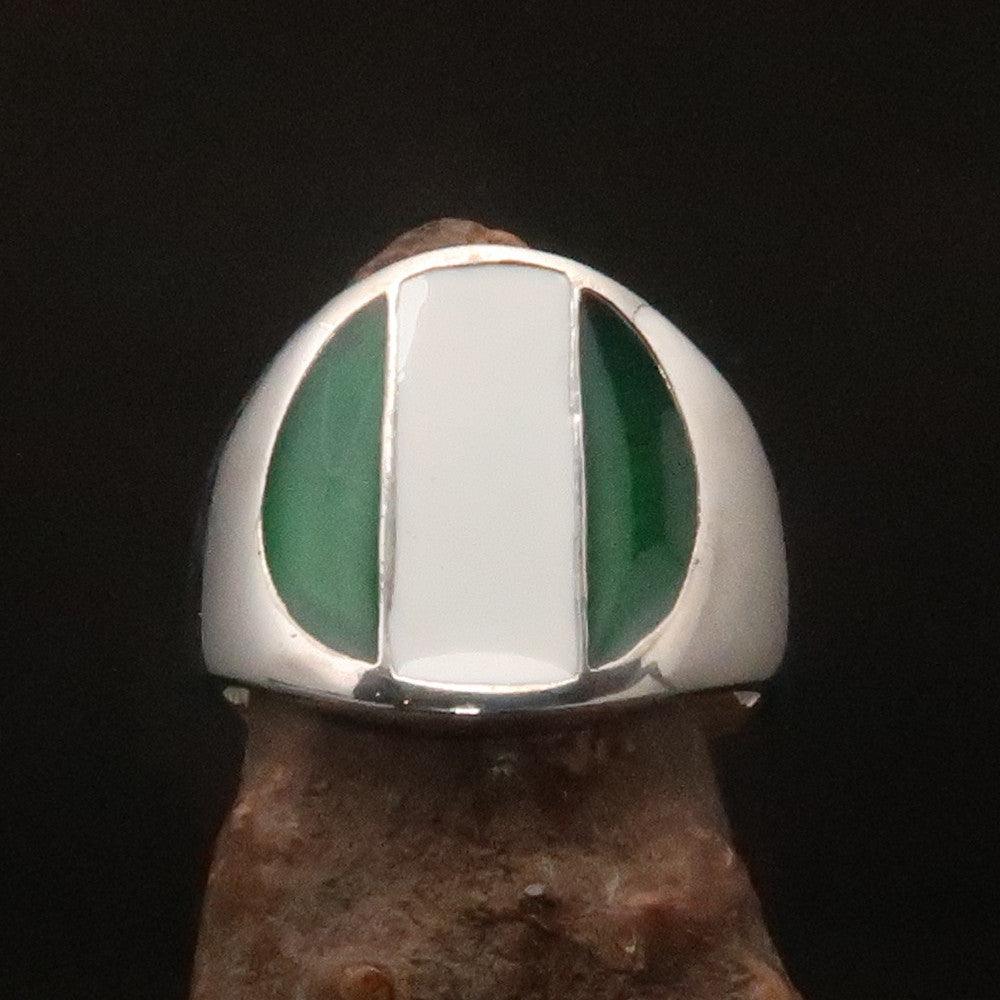 A beautifully crafted Nigerian Flag Ring made of solid sterling silver, showcasing the vibrant colors of the Nigerian flag with a high polish finish.