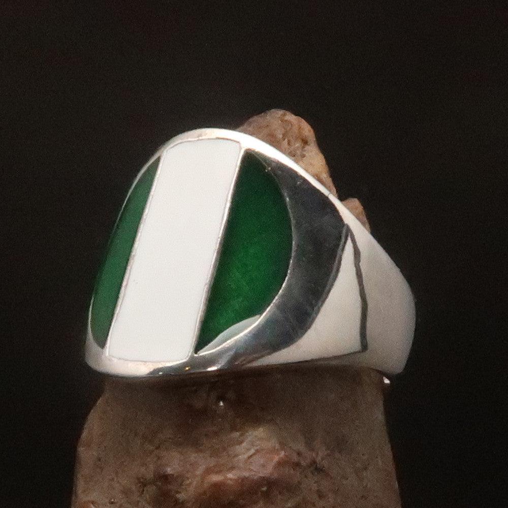 A beautifully crafted Nigerian Flag Ring made of solid sterling silver, showcasing the vibrant colors of the Nigerian flag with a high polish finish.