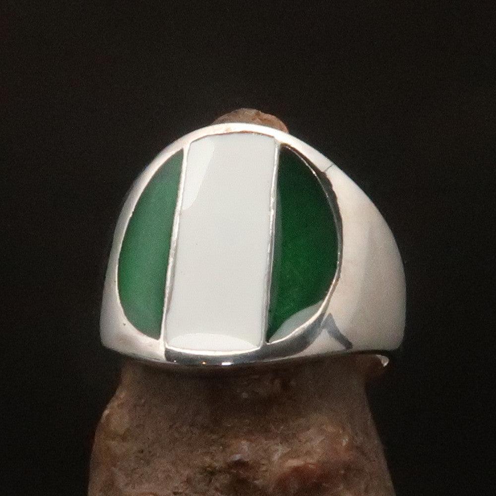 A beautifully crafted Nigerian Flag Ring made of solid sterling silver, showcasing the vibrant colors of the Nigerian flag with a high polish finish.