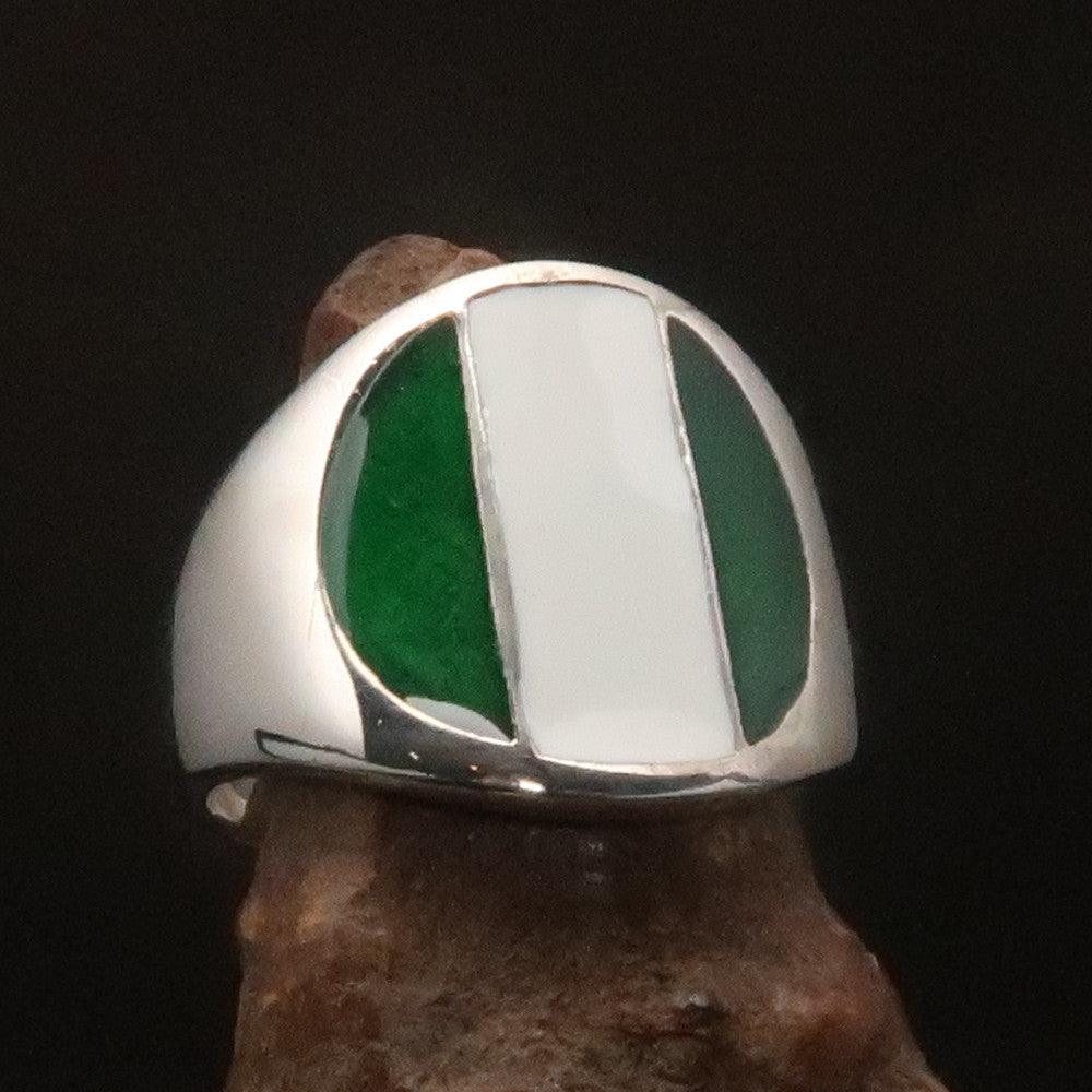 A beautifully crafted Nigerian Flag Ring made of solid sterling silver, showcasing the vibrant colors of the Nigerian flag with a high polish finish.