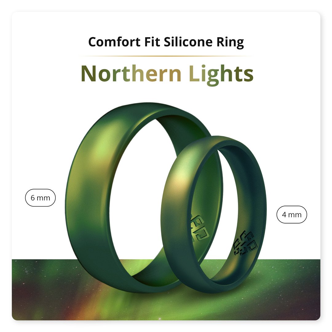 Northern Lights Green Breathable Silicone Ring showcasing its sleek bevel design and comfortable fit, suitable for both men and women.