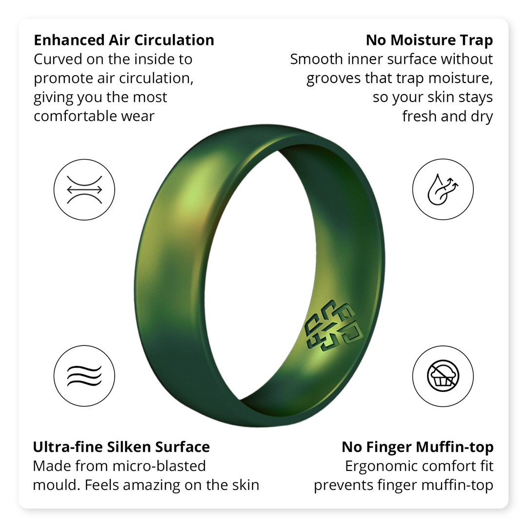 Northern Lights Green Breathable Silicone Ring showcasing its sleek bevel design and comfortable fit, suitable for both men and women.