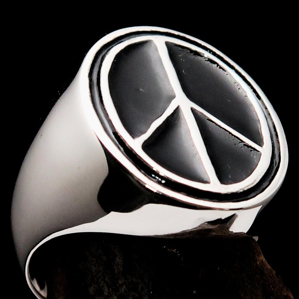 Oval Men's Ring in Sterling Silver featuring a black Peace Symbol, showcasing high polish and elegant design.