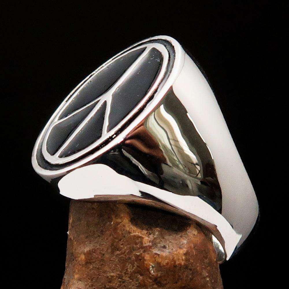 Oval Men's Ring in Sterling Silver featuring a black Peace Symbol, showcasing high polish and elegant design.