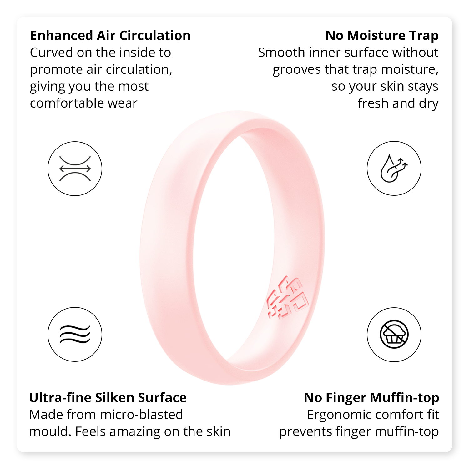 Pearly Pink Breathable Silicone Ring for Women, showcasing its sleek bevel design and soft texture.