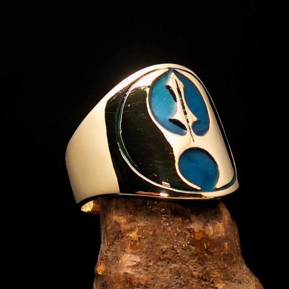 Men's blue Labrys double Axe Pinky Ring made of solid brass with high polish and enamel finish, showcasing intricate design.