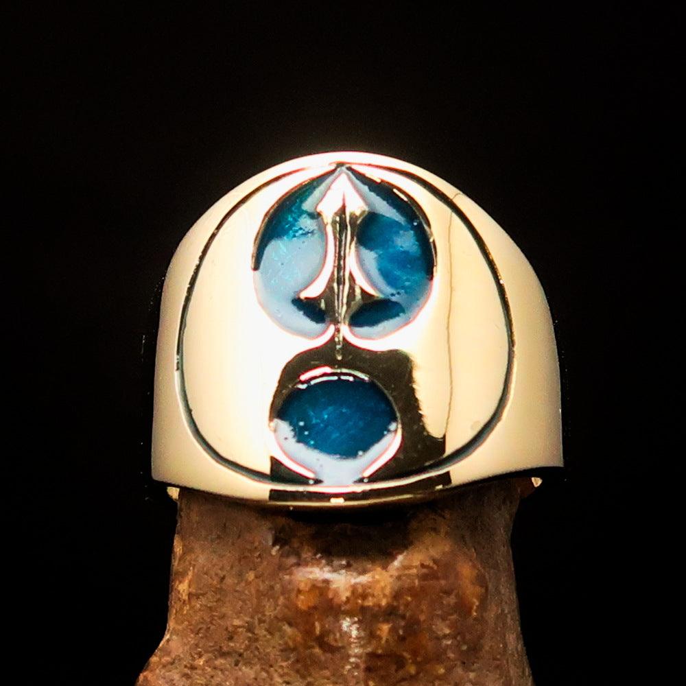 Men's blue Labrys double Axe Pinky Ring made of solid brass with high polish and enamel finish, showcasing intricate design.