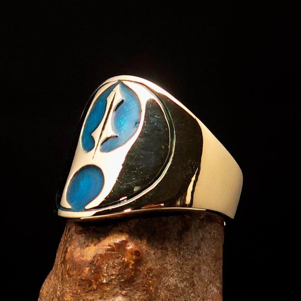 Men's blue Labrys double Axe Pinky Ring made of solid brass with high polish and enamel finish, showcasing intricate design.