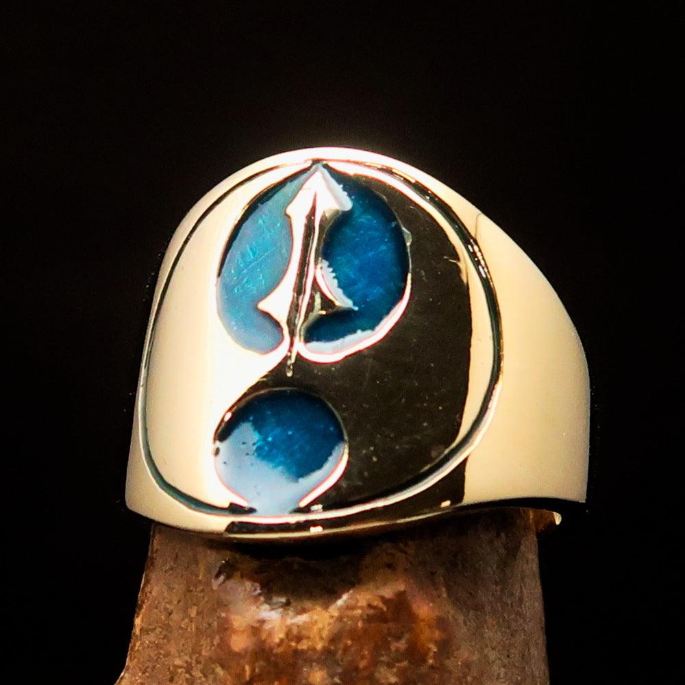 Men's blue Labrys double Axe Pinky Ring made of solid brass with high polish and enamel finish, showcasing intricate design.