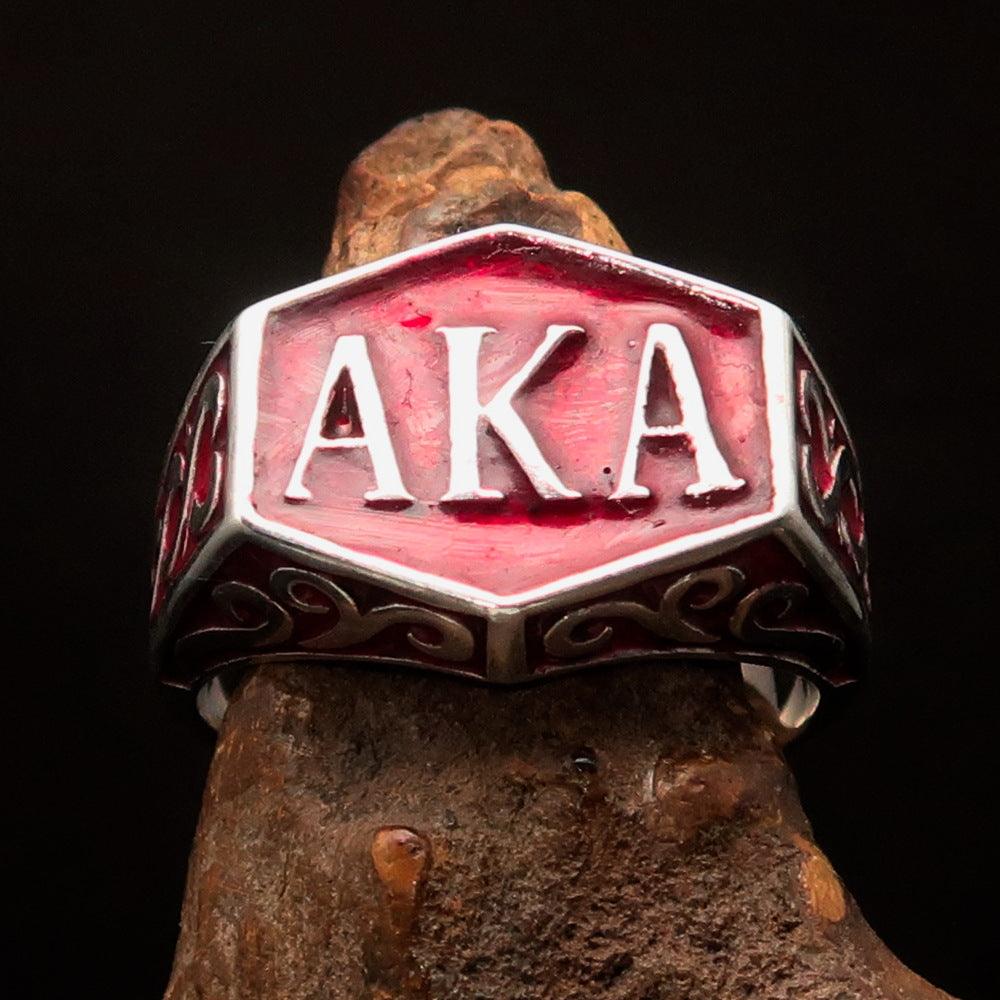 Sterling Silver Men's Synonym Ring with red enamel finish, showcasing high polish and solid back design.