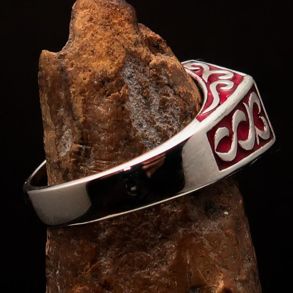 Sterling Silver Men's Synonym Ring with red enamel finish, showcasing high polish and solid back design.