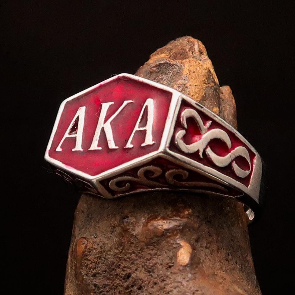 Sterling Silver Men's Synonym Ring with red enamel finish, showcasing high polish and solid back design.