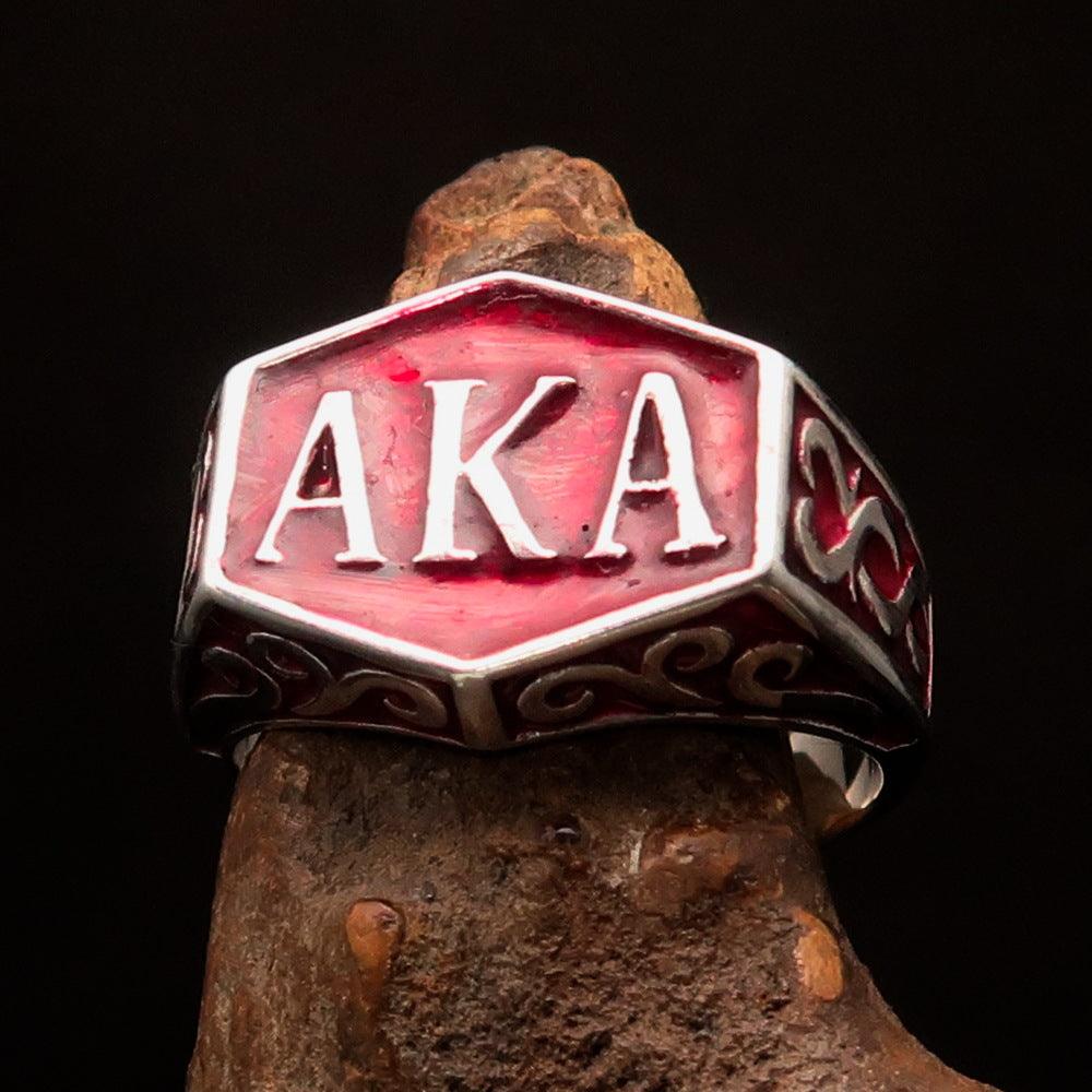 Sterling Silver Men's Synonym Ring with red enamel finish, showcasing high polish and solid back design.